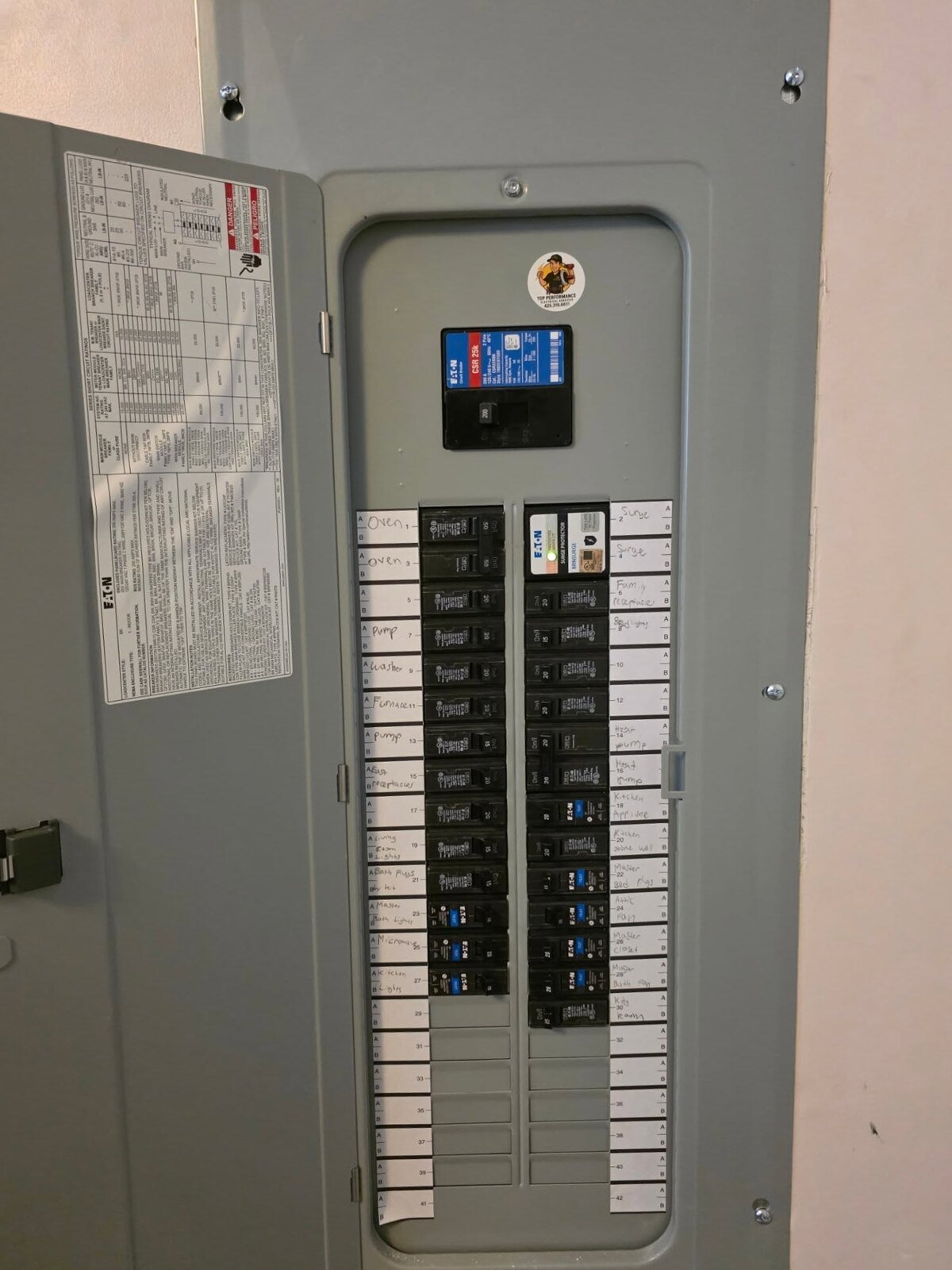 Finished 200-amp panel interior with a neatly labeled circuit directory and surge protector